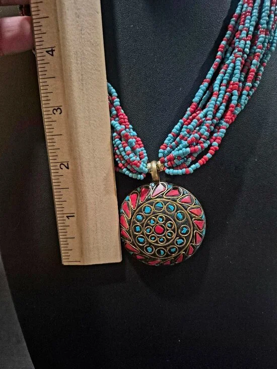 Vintage Bohemian style seed bead coral and turquoise necklace - Picture 3 of 7